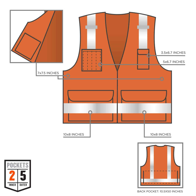 Ergodyne GloWear 8250Z ANSI Orange Surveyors Reflective Safety Vest with Back Pocket, 4XL/5XL 4X-Large-5X-Large
