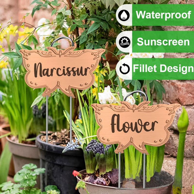 Metal Plant Labels, Tall Outdoor Butterfly Garden Markers for Flowers, Fruits and Vegetables, 304 Stainless Steel Weatherproof Signs (25 Packs, 4" x 2.3", Gold Butterfly Design) 25 PACK SUS 304 Garden Labels