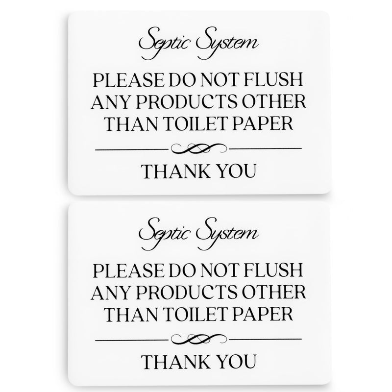 Septic System Do Not Flush Toilet Sign 2-Pack (White Acrylic 5 x 3.5 in) - Do Not Flush Anything Except Toilet Paper Sign - Bathroom Signs for Business - Airbnb and Restroom Signage White (Pack of 2)