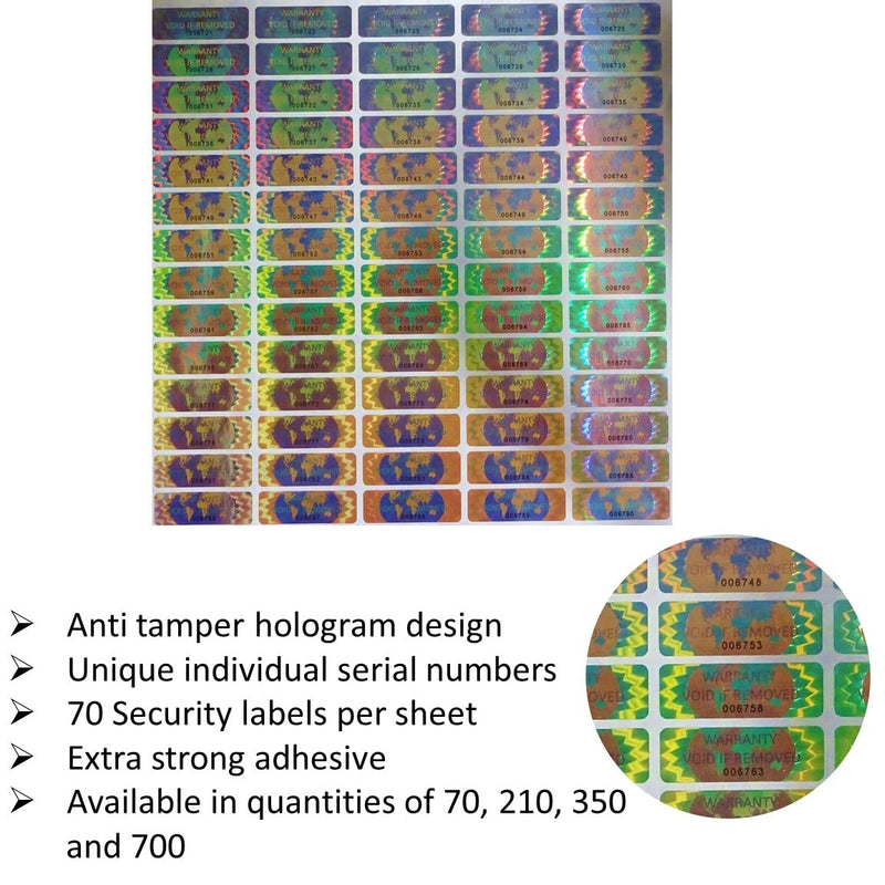 700 Hologram Tamper Evident, Tamper Proof Stickers. Warranty Void If Removed. Individual Serial Numbers. Tamper Foil Tape Labels. Destroyed Upon Removal with Residual Text Left on Item. (700 Stickers) 700 Stickers