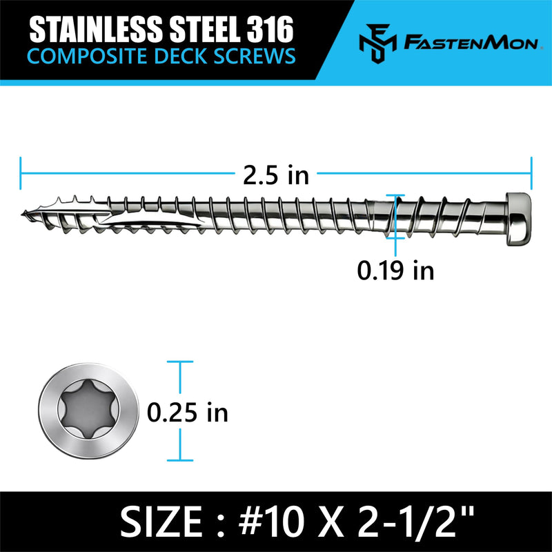 Composite Deck Screws, 316 Stainless Steel, #10 x 2-1/2", 100PCS - for PVC & Composite Decking, Flush Finish Cap Head, Reverse Thread, T20 Star Drive, Bit Included, Natural #10 x 2-1/2" 100