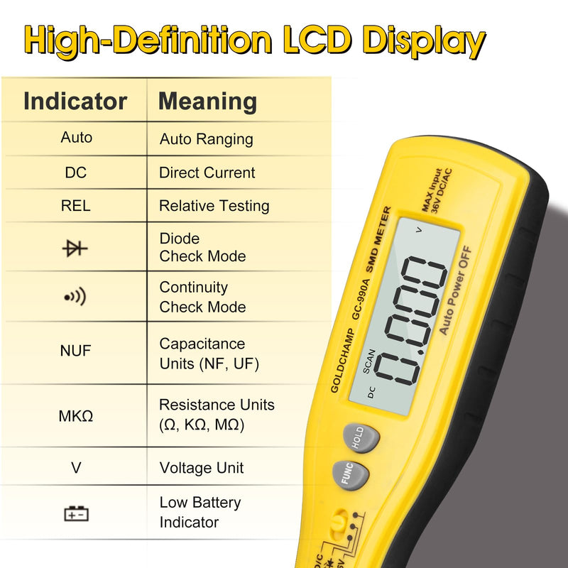 [Australia - AusPower] - 990A SMD Tweezer Meter, 3000 Count Multimeter for Resistance/Capacitance/Diode/Continuity Test with Auto-Ranging, LCD Display, LED/Semiconductor Test 