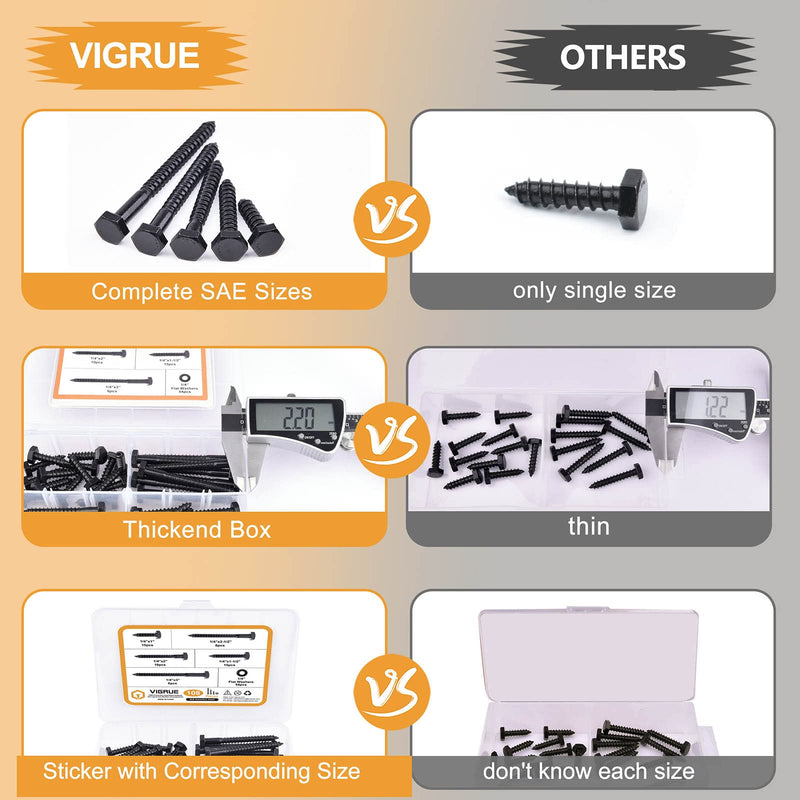[Australia - AusPower] - 1/4" Hex Lag Bolts Stainless Steel 18-8 (304), VIGRUE 108PCS Black Oxidized, Hex Lag Screws Heavy Duty Wood Screws Washers Assortment kit, Length Include 1" 1-1/2" 2" 2-1/2" 3" 1/4 x 1" to 3" 