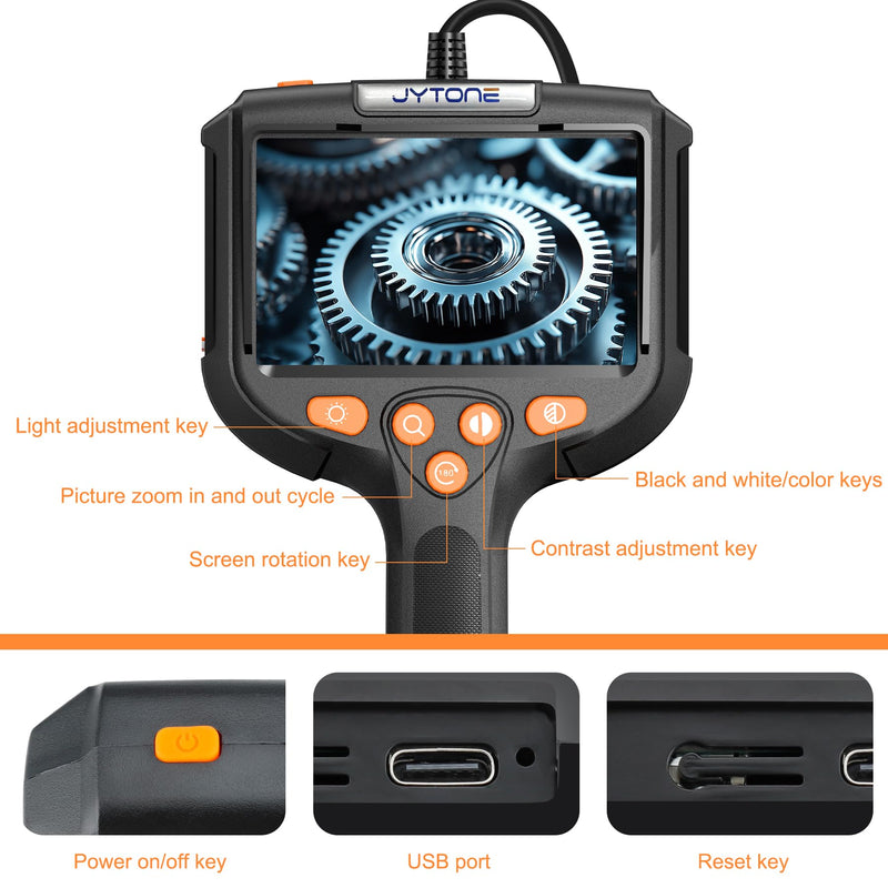 Borescope with Light, 4.3-Inch HD Display, 5.5mm Lens, 6.6 ft, Black | IP67 waterproof protection, six dimmable LEDs, over 4-hour rechargeable battery, hook, magnet, and side-mirror accessories 4.3IN-2M