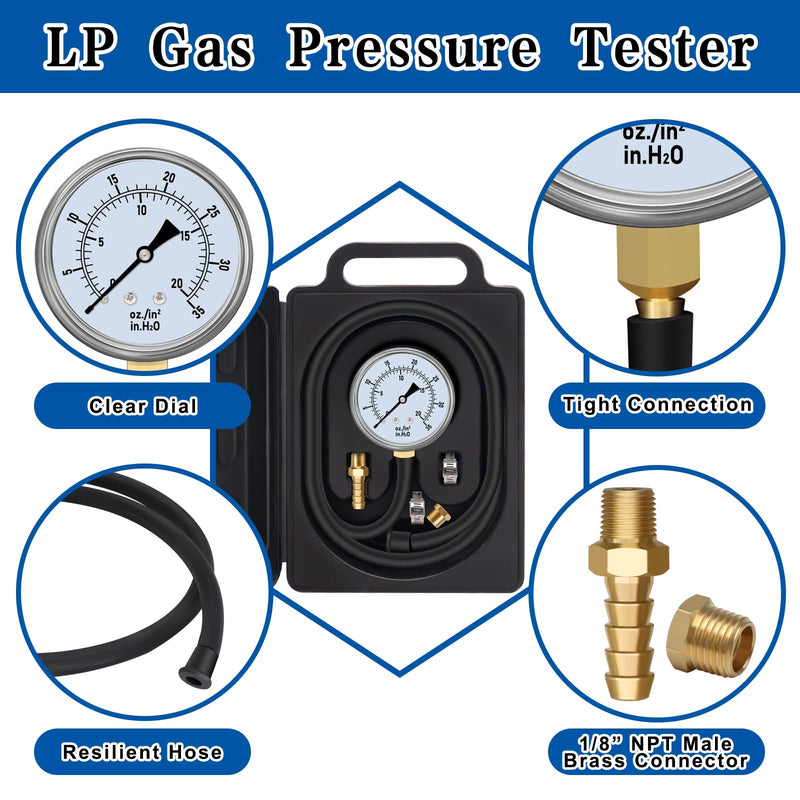 [Australia - AusPower] - FANOVO Manometer Gas Pressure Tester 0-35'' WC Natural or LP Gas Pressure Test Kit Natural Gas Meter Manifold Gauge with 1/8" NPT Brass Fitting Barbed Connection and 40" Hose Clamp 
