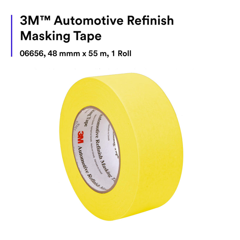 3M Automotive Refinish Masking Tape 388N, 06656, 48 mm x 55 m, Yellow, Crepe Backing, Moisture Resistant, Multi-Purpose, 1 Roll
