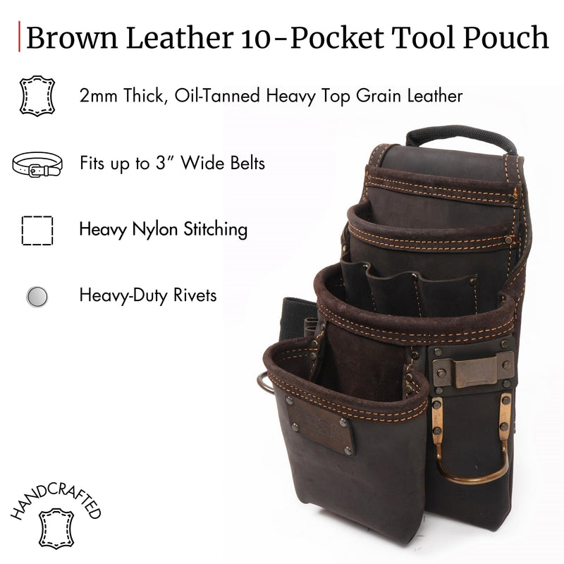 FESA Leather Carpenter Tool Pouch - 10-Pocket Heavy Top Grain Leather Carpenter Pouch with 2 Hammer Loops, Tape Clip, Large & Small Pockets - Fits Work Belts up to 3" - Handcrafted Brown