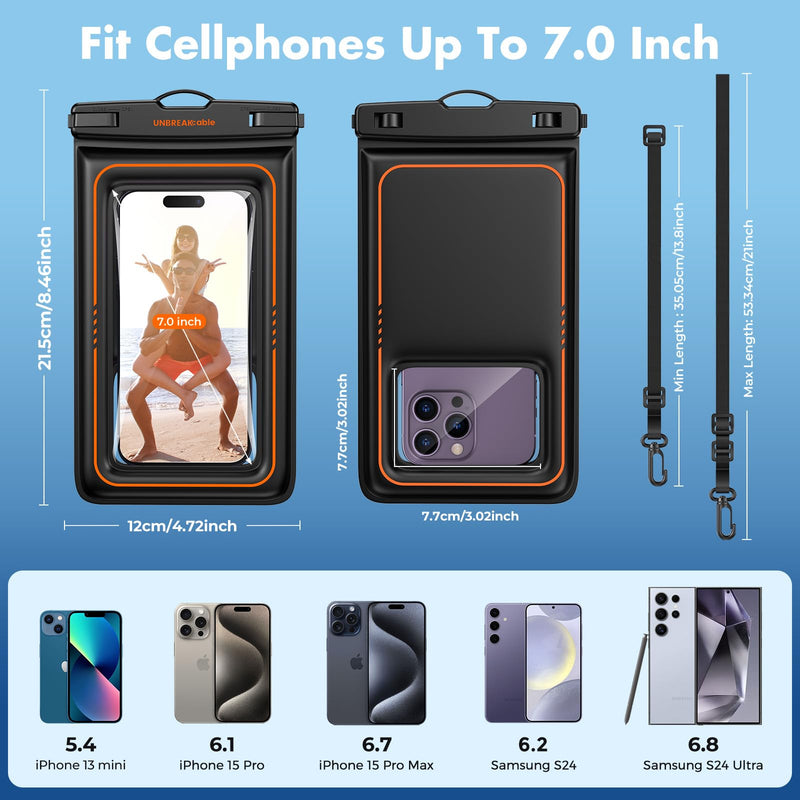 [Australia - AusPower] - UNBREAKcable Waterproof Phone Pouch 2 Pack - IPX8 Floating Waterproof Phone Case Dry Bag for iPhone 15 14 Pro 13 13 Pro Max 12 11 XR XS SE 2022/2020, Samsung S24 S23 S22 S21 FE, Up to 7.0 inch- Black 