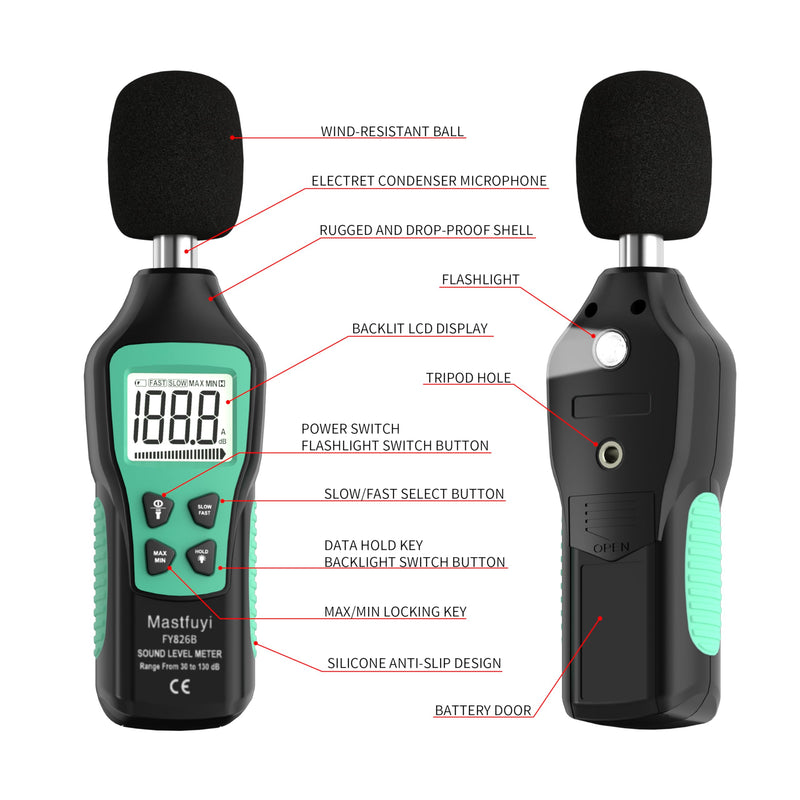 [Australia - AusPower] - Decibel Meter, Digital Sound Level Meter 30-130 dB(A), Portable SPL Meter with Backlight LCD Display, Audio Noise Measure Device with MAX/MIN, Data Hold, Flashlight for Home Factory Office 
