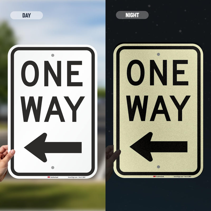 One Way Sign, One Way Sign with Left Arrow 18x12 3M Engineer Grade Reflective Rust Free .63 Aluminum, Easy to Mount Weather Resistant Made in USA by SmartSign 12" x 18" 3M EG Reflective Aluminum