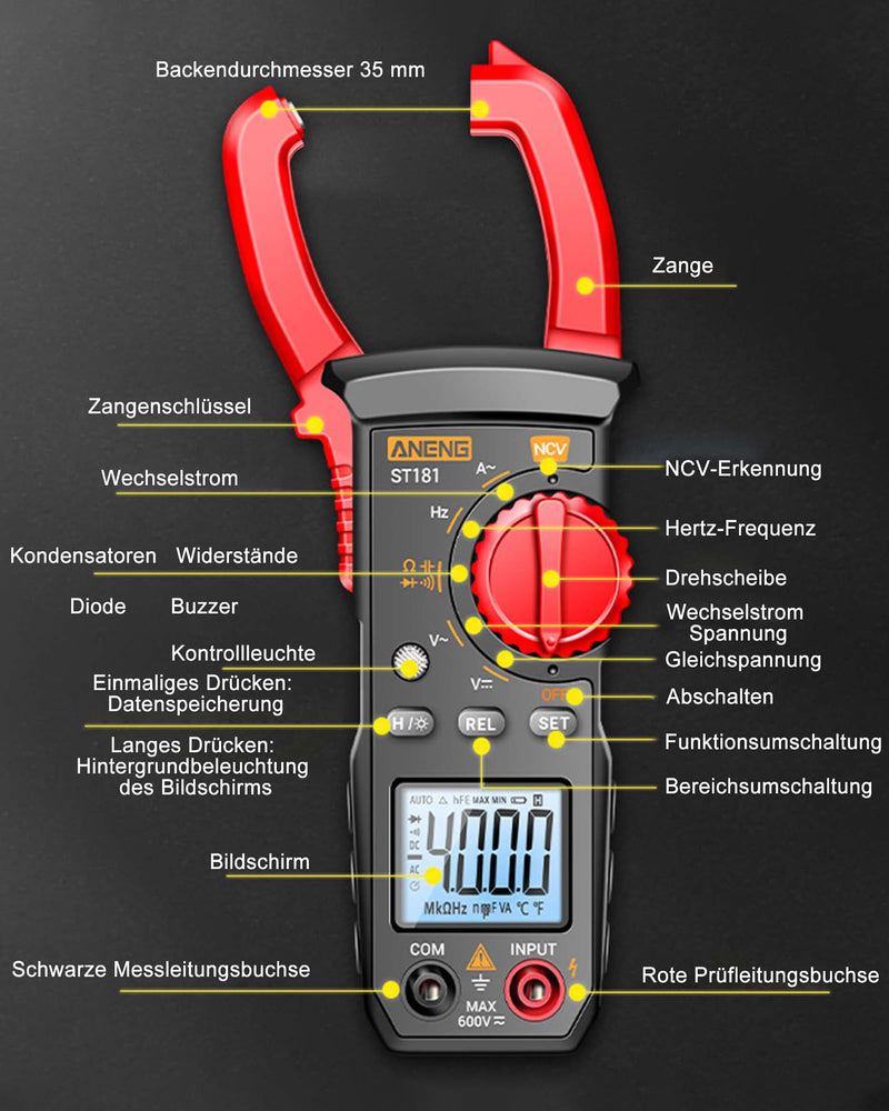 Digital Current Clamp AC DC Multimeter - True-RMS 4000 Counts Current Meter | Ammeter with automatic range selection for measuring AC/DC voltage current resistance capacity continuity NCV detection