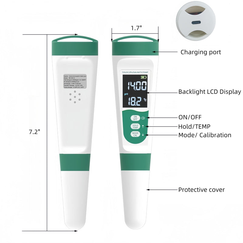 Pool Salt Tester & PH Meter, 5 in 1 Salinity PH Temp EC and TDS Salt Water Tester Kit, Digital Pool Water Tester for Aquarium Saltwater Pool Swimming Pool Hot Tubs Spas, IP65 Water Quality Tester
