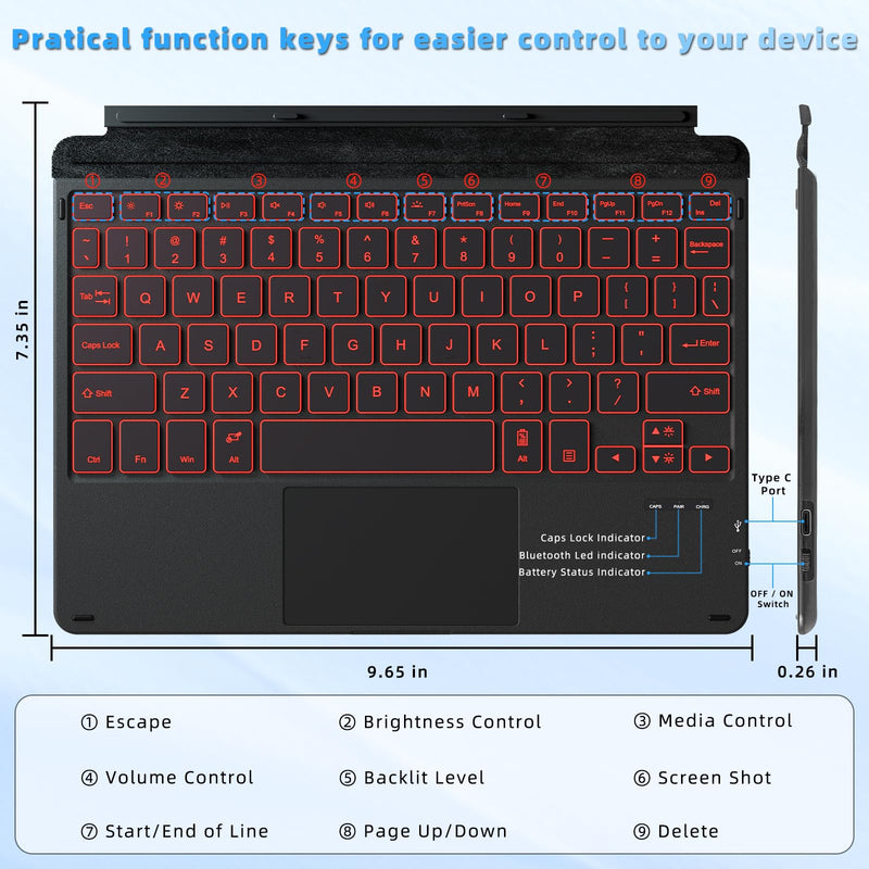 [Australia - AusPower] - Keyboard Case for Surface Go 3 / Surface Go 2 / Surface Go, 7 Color Backlight Magnetic Detachable Bluetooth Keyboard with Trackpad, Rechargeable Keyboard for Surface Go - Black Black Surface Go 3/2/1 Keyboard Case - Backlit 