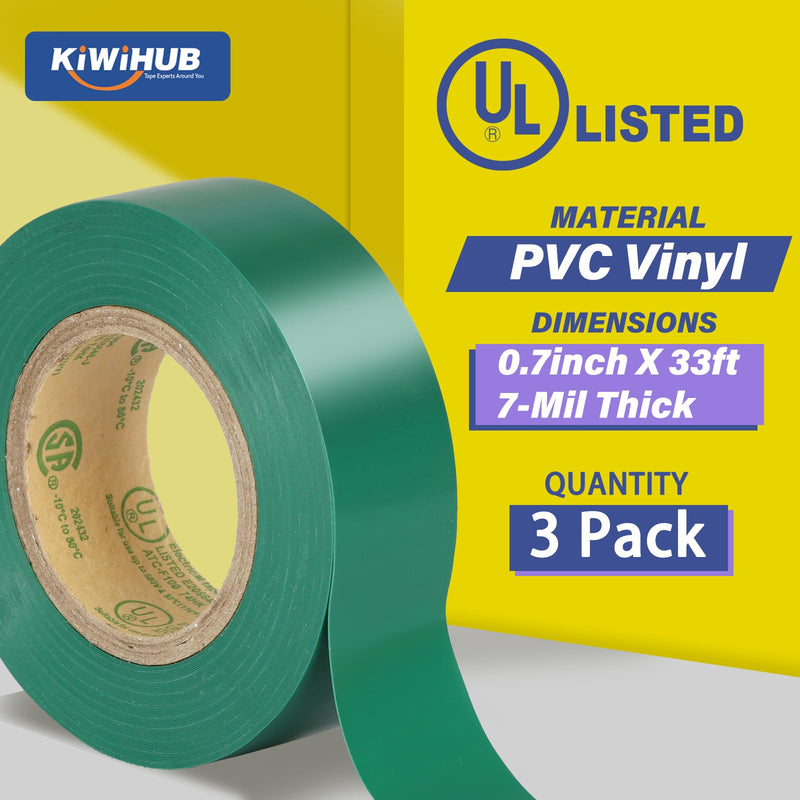 Green Electrical Tape, UL Approved, Industrial Grade Vinyl Electrical Insulating Tape, Electric Tape for Improvement Electrical Equipment, 0.7in X 33ft (3 Pack) Green