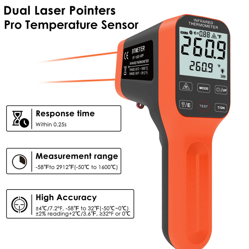 [Australia - AusPower] - Digital Infrared Thermometer Gun 30:1, BTMETER Dual Laser IR Temperature Gauge BT-1600APP Measure High Temp -58℉ to 2912℉ with Data Logging for HVAC Kiln Forge Oven Pizza Cooking(Not for Human) 