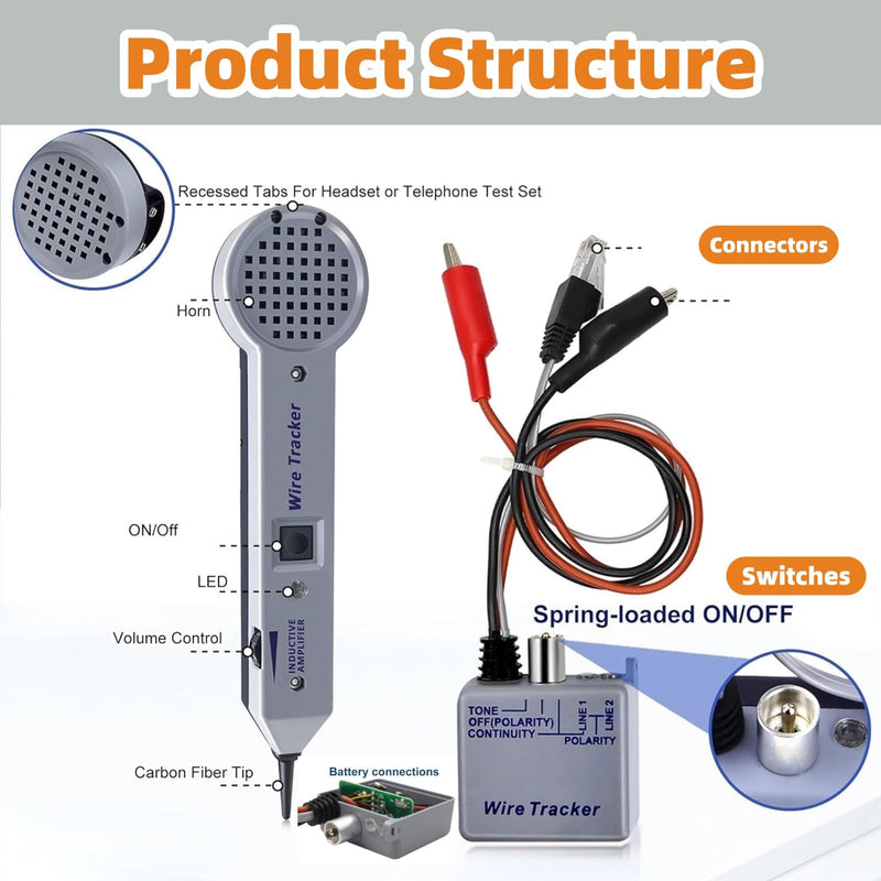 [Australia - AusPower] - 200EP Wire Tracer Circuit Tester Tone Generator Kit 200EP Cable Tester Audio Adjustable Tone Inductive Amplifier Cable Toner Detector 