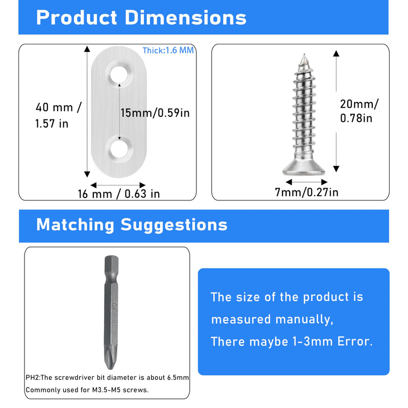 [Australia - AusPower] - 16 Pack Flat Plate Straight Brackets 40MM Stainless Steel Flat Metal Braces,Repair Bracket with Screws (40 mm / 16 Pcs) 40 mm / 16 Pcs 