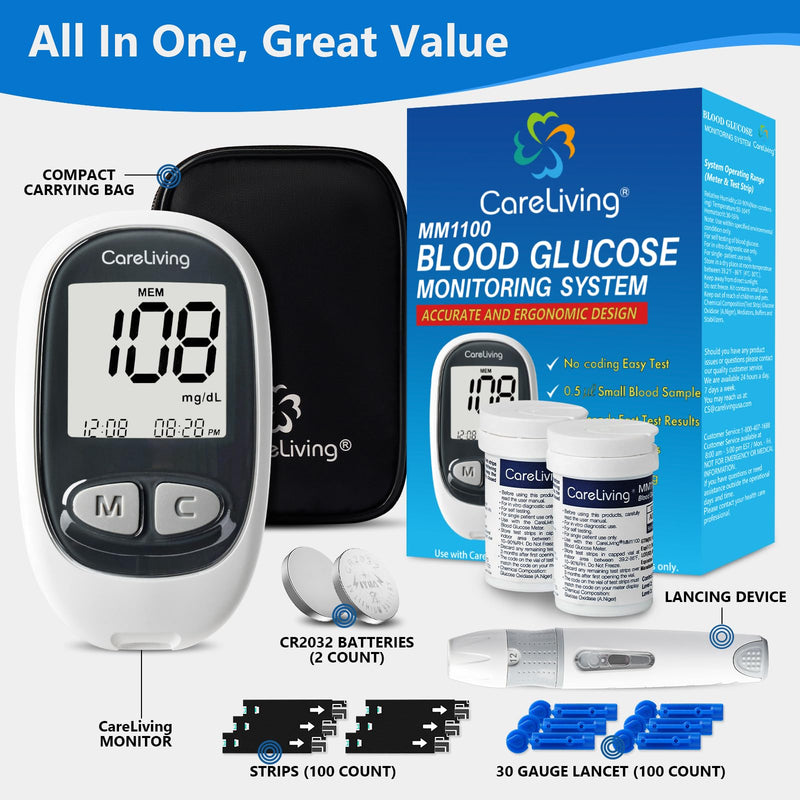 [Australia - AusPower] - CareLiving MM1100 Blood Glucose Monitor Kit with 100 Test Strips, 100 Lancets, 1 Blood Glucose Meter, 1 Lancing Device, Diabetes Testing Kit, Portable Blood Sugar Test Kit, Glucometer Kit for Home 