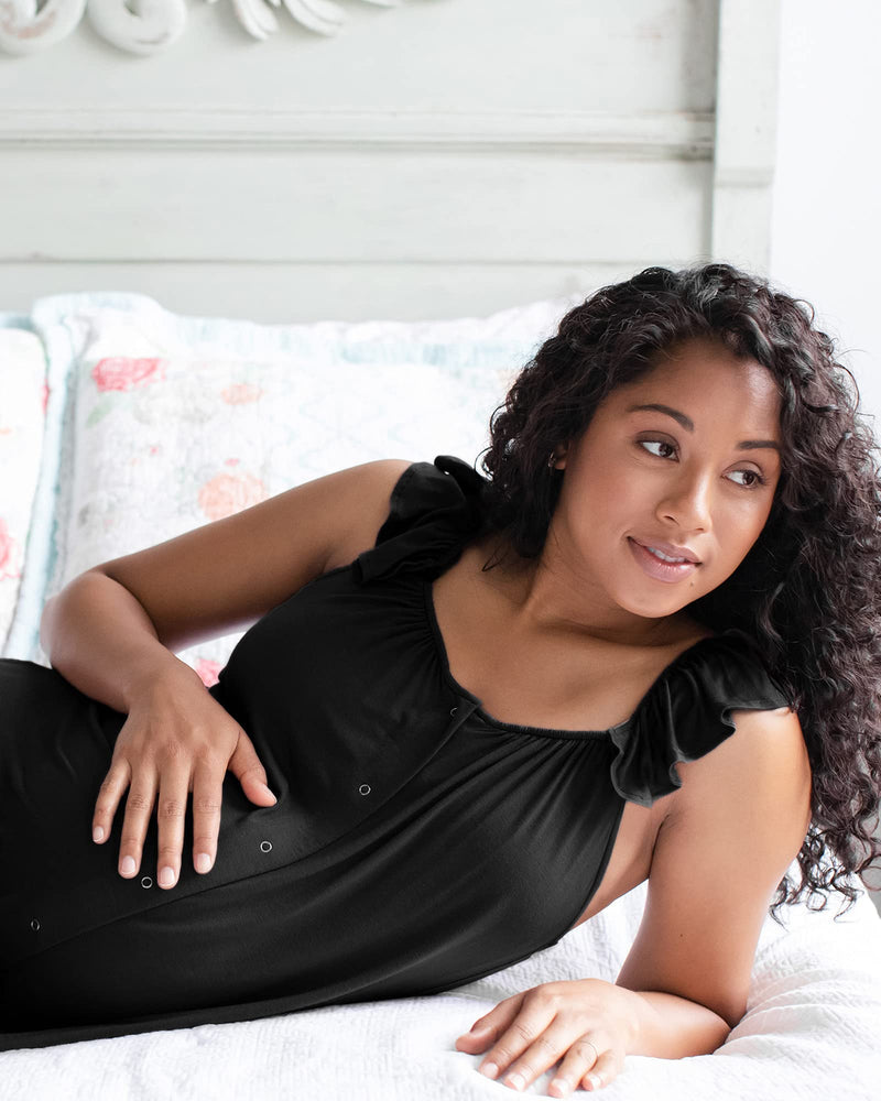 [Australia - AusPower] - Kindred Bravely Ruffle Strap Labor and Delivery Gown | 3 In 1 Labor, Delivery, Nursing Gown for Hospital Medium-Large Black 