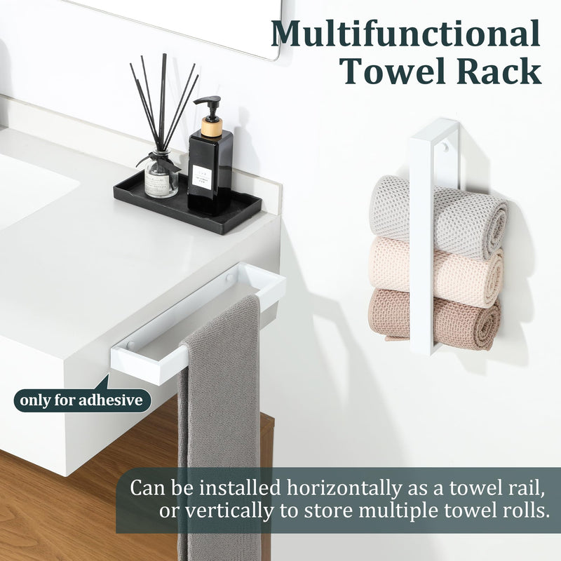 Sayayo White Towel Bar for Bathroom, 12 Inch Hand Towel Holder Wall Mount, Screw or Self Adhesive Towel Ring Square SUS304 Stainless Steel, 3.2 Inch Wide