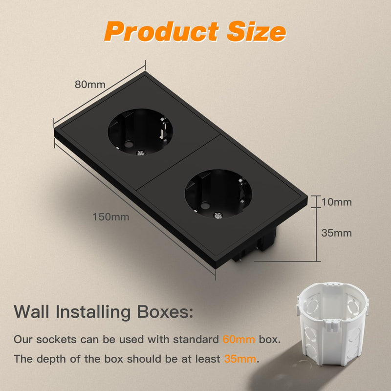 Black Socket 2-Way Flush-Mounted EU Schuko Standard Double Installation Socket Easy Installation 80 x 150 mm 3-Wire black 2 outlets