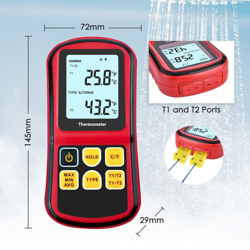 [Australia - AusPower] - Thermocouple Thermometer Digital K/J/T/E/R/S/N Type Thermocouple,Dual Channel Thermocouple Tester(-238~3212℉) with 4 K-Type Thermocouples LCD Display Temperature Tester Red 