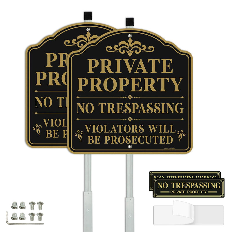 T&R Large Private Property No Trespassing Sign Violators Will be Prosecuted with 54" Stake for Outside - 2 Pack - 12"x12" .040 Rust Free Aluminum, Reflective, Waterproof, Weatherproof and Fade Resistant, 2 pre-drilled holes,Includes Matching Screws & W...