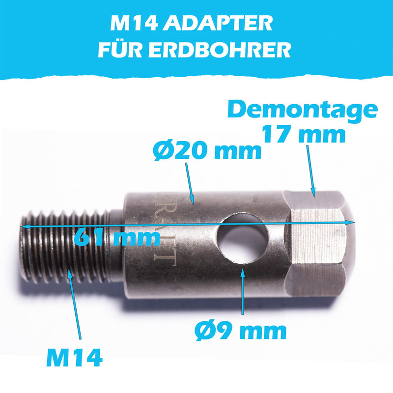 Earth Auger Adapter for M14 Mixing Machine (Paint and Adhesive Mixer, Mortar Mixer), Mixer, Agitator Adapter for Pile Drilling, Poles, Fences with Easy Disassembly BLUMKRAFT 1-Pack: M14