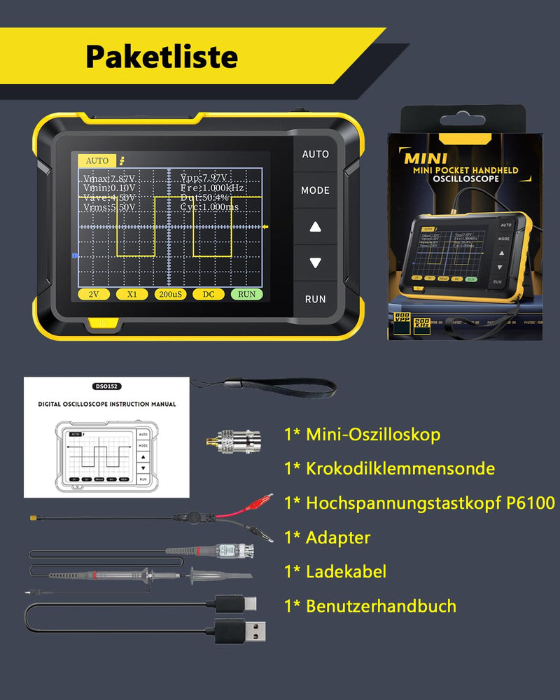 [Australia - AusPower] - SURLABA Digital Mini Oscilloscope, 200 kHz Bandwidth, Portable Pockets, Oscilloscope with Sampling Rate 2.5 MS/s, 2.8 Inch TFT, Trigger Mode Auto/Nomal/Single for Beginners, DIY, Home Use Mini Oscilloscope (DSO152) 