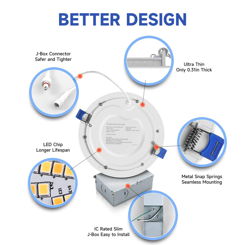 [Australia - AusPower] - ECOELER 6 Inch Slim Recessed Lighting with Junction Box, Dimmable Recessed Can Lights, 5000K Daylight, 12W 1100Lm Dimmable LED Downlight, ETL & Energy Star 1 - Pack 