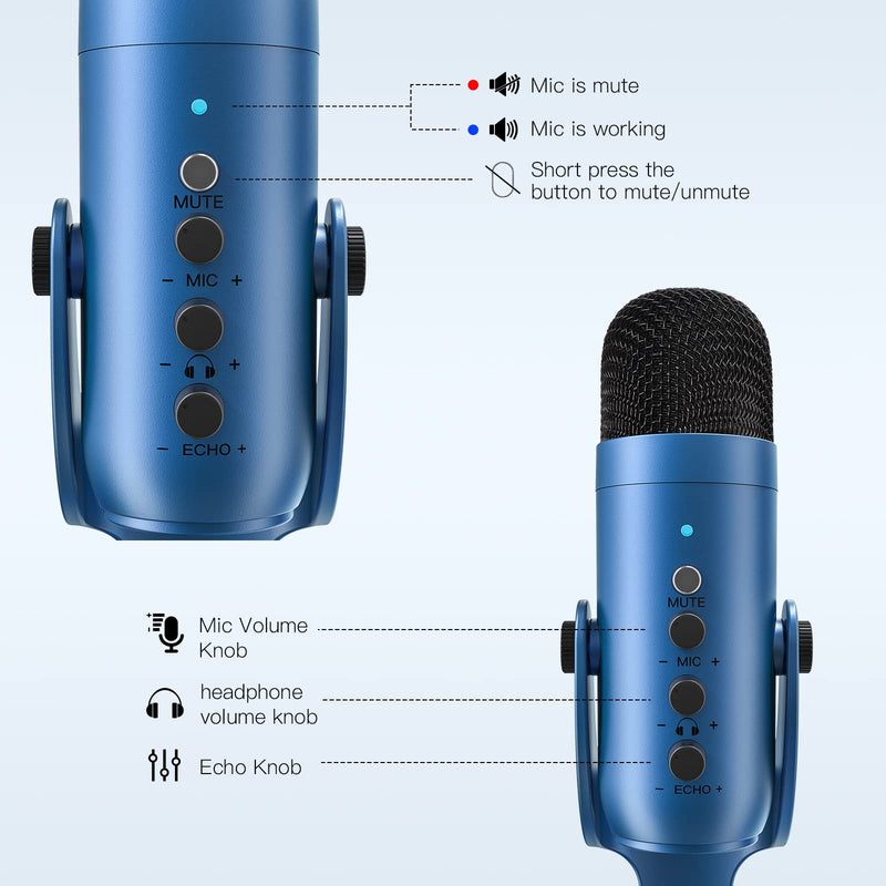 [Australia - AusPower] - ZealSound USB Microphone,Condenser Gaming Mic for Phone/Laptop/PC/PS4/5/Computer,Microphone with Gain Knob,LED Mute,Monitor Volume Adjustment,Stand Base for Streaming, Podcast, Studio Recording (Blue) Blue 