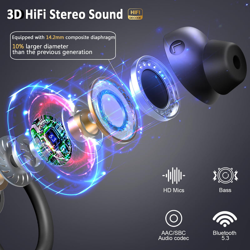 [Australia - AusPower] - Wireless Earbuds Bluetooth Headphone Sport, 2024 Bluetooth 5.3 Earbud 14.2mm Driver Stereo Over Ear Buds, 48Hrs Earphone with Earhook, Noise Cancelling Mic, IP7 Waterproof Headset for Workout/Running 800 mAh Black 