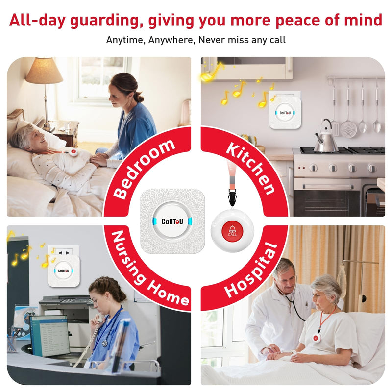 CallToU Wireless Caregiver Pager Smart Call System 2 SOS Call Buttons/Transmitters 2 Receivers Nurse Calling Alert Patient Help System for Home/Personal Attention Pager 500+Feet Plugin Receiver white 2+2