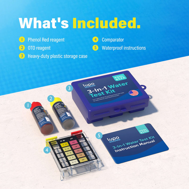 Lupo 3-in-1 Pool Test Kit | Pool Testing Kit for Residential Swimming Pools & Spas for Testing Total Chlorine, Total Bromine & pH | Pool Chemical Test for Quick & Accurate At-Home Pool Water Testing 3-in-1 Test Kit