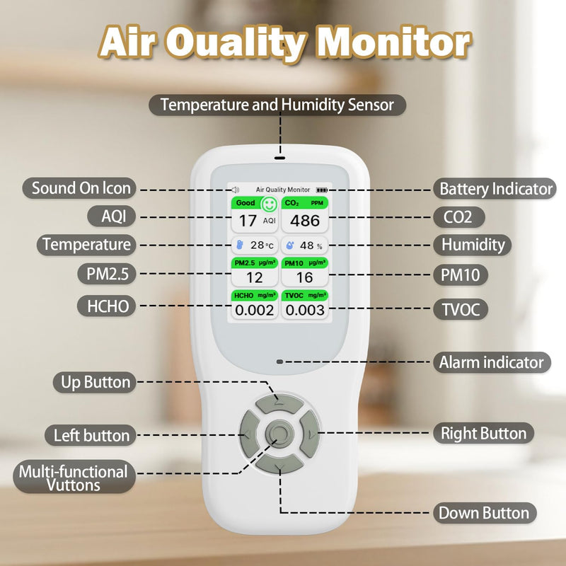 11-in-1 Air Quality Monitor - Portable Indoor Air Quality Detector with Stand, Real-Time Test for AQI, CO2, PM2.5, PM1.0, PM10, TVOC, HCHO, Particles, Humidity & Temperature White-White