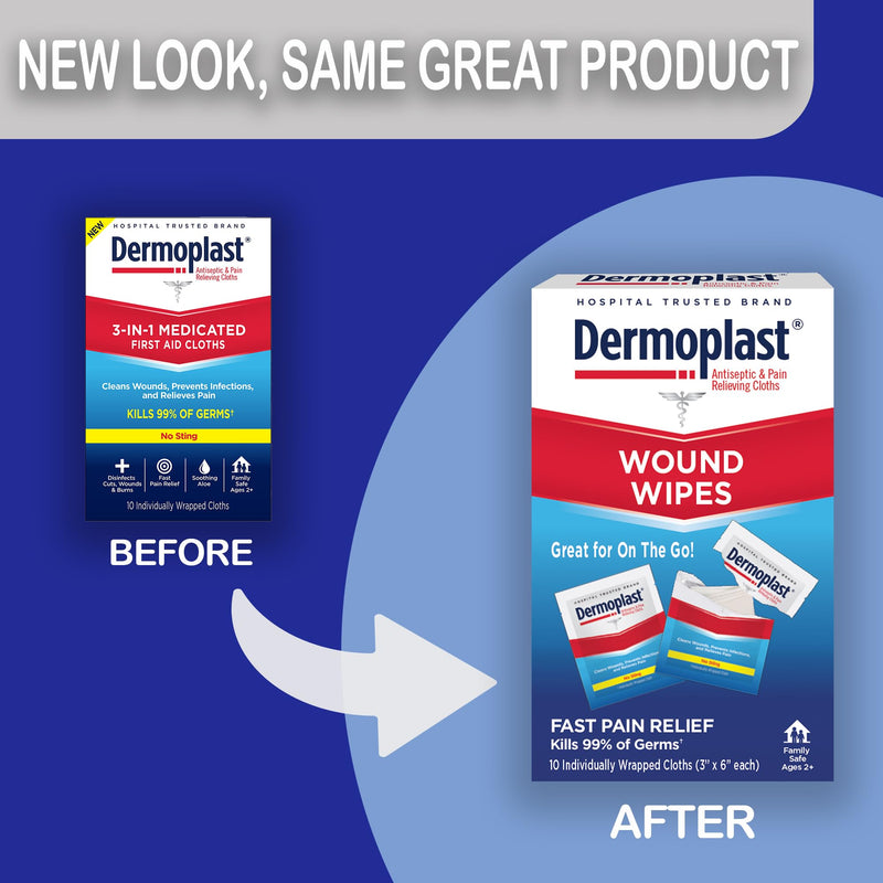 [Australia - AusPower] - Dermoplast Wound Wipes Medicated First Aid Cloths, Analgesic & Antiseptic Wipes for Treating Minor Cuts, Scrapes and Burns on The Go, Sting Free Formula, 10 Individual Cloths (Packaging May Vary) 3-in-1 First Aid Cloths 