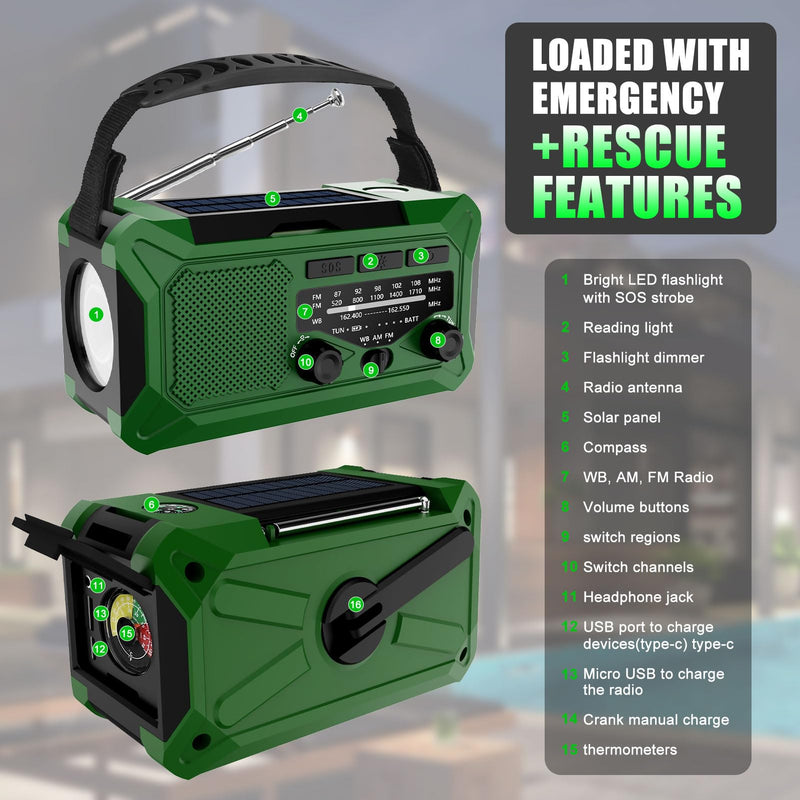 [Australia - AusPower] - 10000mAh Emergency Hand Crank Radio with LED Flashlight, AM/FM NOAA Portable Weather Alert Radio, Solar Powered Radio with Phone Charger, USB Charged, Headphone Jack, SOS Alarm, Compass for Outdoors 