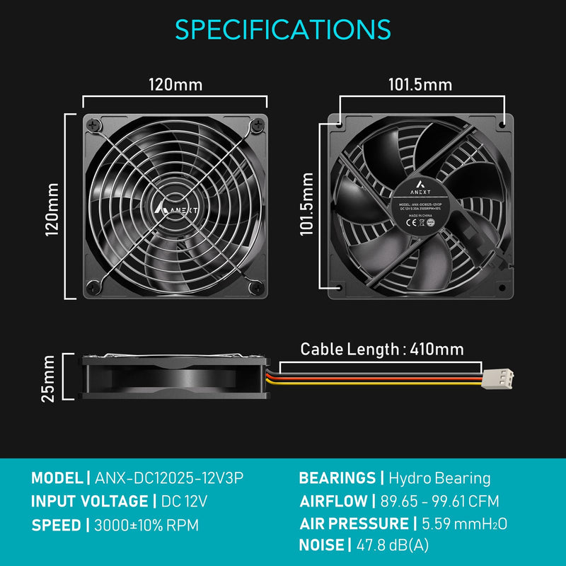 [Australia - AusPower] - ANEXT, 120mm 12V DC Fans, Moisture-Proof Fan 2 Packs, 3000 RPM High Speed, 3 Wires 3-Pins Waterproof Fan, for RV Refrigerator 
