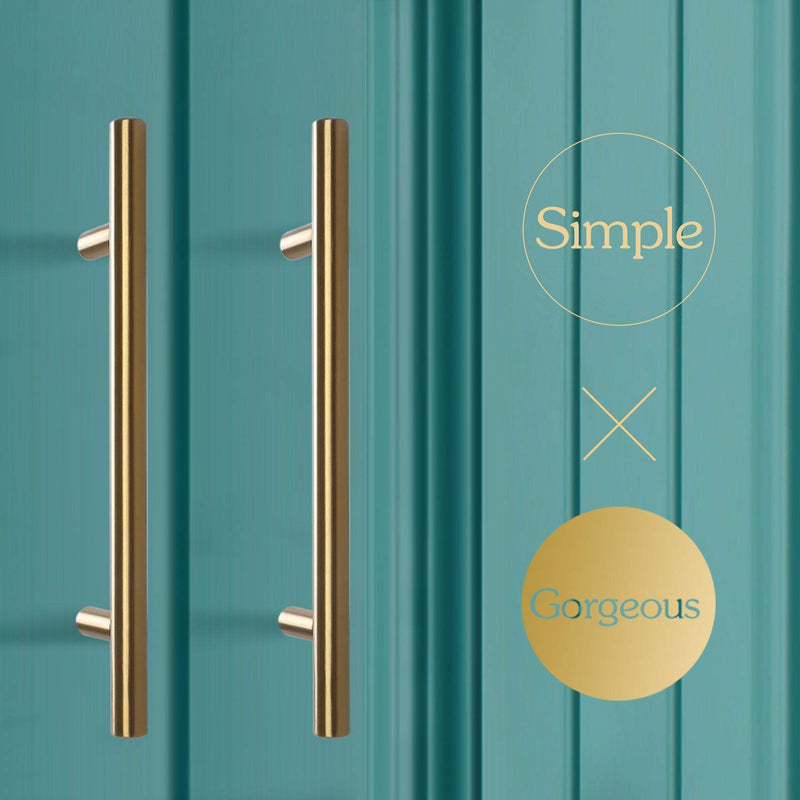 10 Pack 8" Brushed Brass Cabinet Cupboard Drawer Door Handle Pull Stainless Steel T bar Drawer pulls, 6" Length, 5" Hole Center Gold