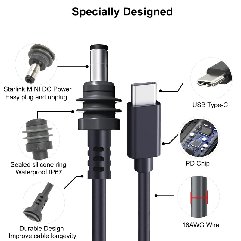 Starlink Mini USB C to DC Power Cable, 16.4ft Starlink Mini Type-C to DC Power Cable, PD 20V Type-C Input to DC Male Output Waterproof, Compatible 65W+ PD 20V Protocol Power Supply/Source (5M) 5M