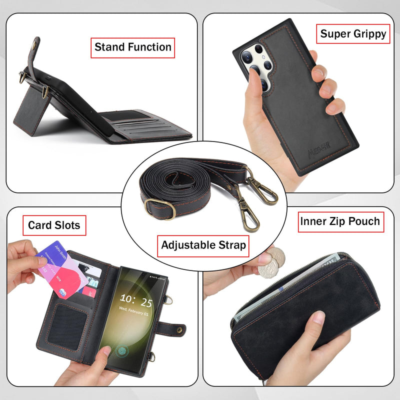 [Australia - AusPower] - for Samsung Galaxy S24 Ultra Wallet Case,Multi-Function Wallet Case, Detachable 3 in 1 Magnetic Galaxy S24 Ultra Case Wallet,Flip Strap Zipper Card Holder Phone Case with Shoulder Straps(Black) Black 