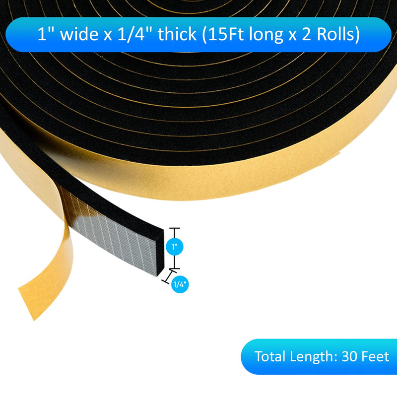High Density Foam Weather Stripping Door Seal Strip Insulation Tape Roll for Insulating Door Frame, Window, Air Conditioner | Self Adhesive Sealing Weatherstrip (Black, 1 in x 1/4 in x 30 Ft) Black