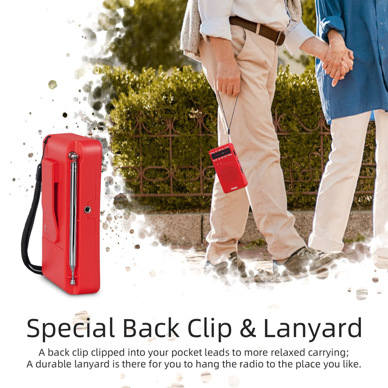 [Australia - AusPower] - PRUNUS J-166 Small Transistor Radio AM FM, Battery Operated Radio with Tuning Light, Back Clip, Excellent Reception for Indoor & Outdoor & Emergency Radio, Small Radio, Portable Radio Red 