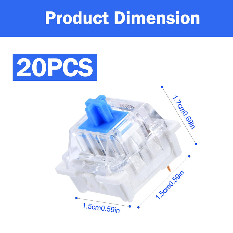 Pack of 20 Transparent Blue Axis Switches with Puller, 3 Pin Keyboard | Dustproof switches for mechanical keyboard - well suited for gaming keyboard and PC accessories - reliable and durable Blaue-20