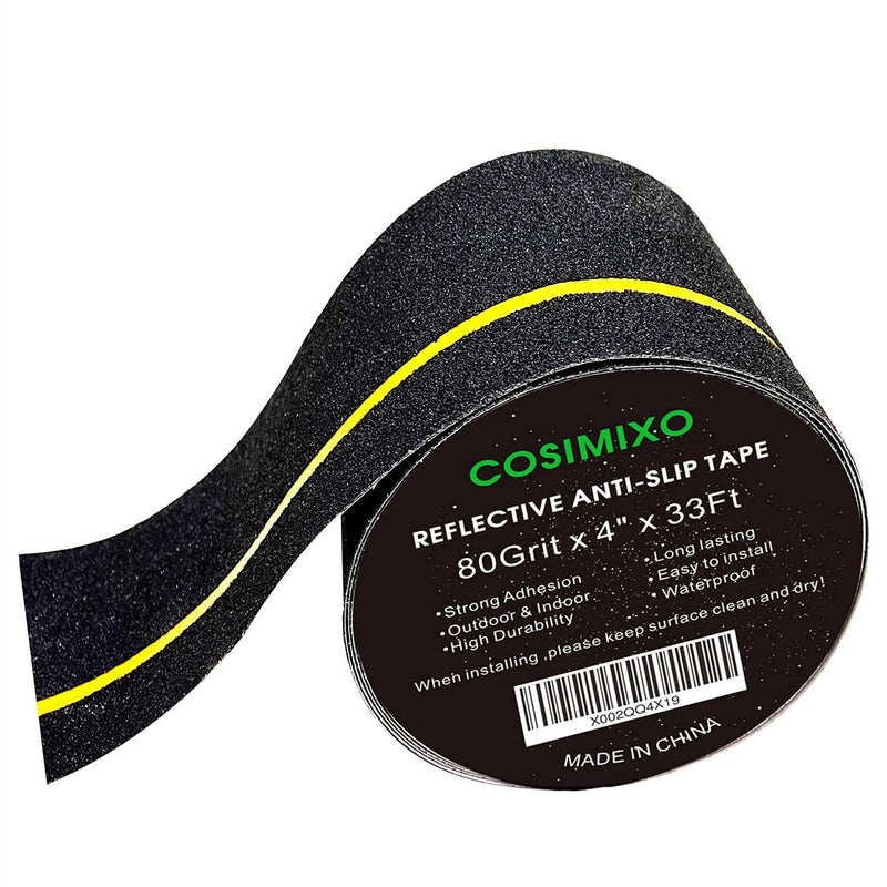 COSIMIXO 4" x 33FT Anti Slip Tape with Reflective Stripe,Premium Grip Tape Non Slip Stair Treads Tape,Non Skid Tape, High Traction Adhesive for Stairs Step Black/Yellow 4Inch x 33Ft