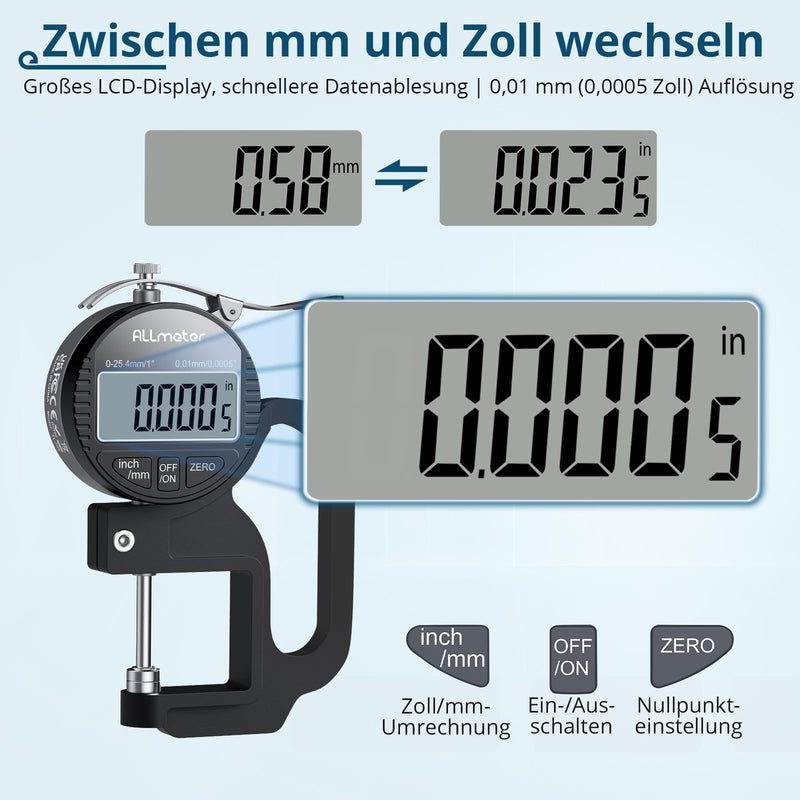 Digital thickness gauge 0-25.4mm, 0.01mm/0.0005'' precision measuring instrument with LCD display for leather, paper, fabric 25.4mm / 0.01mm