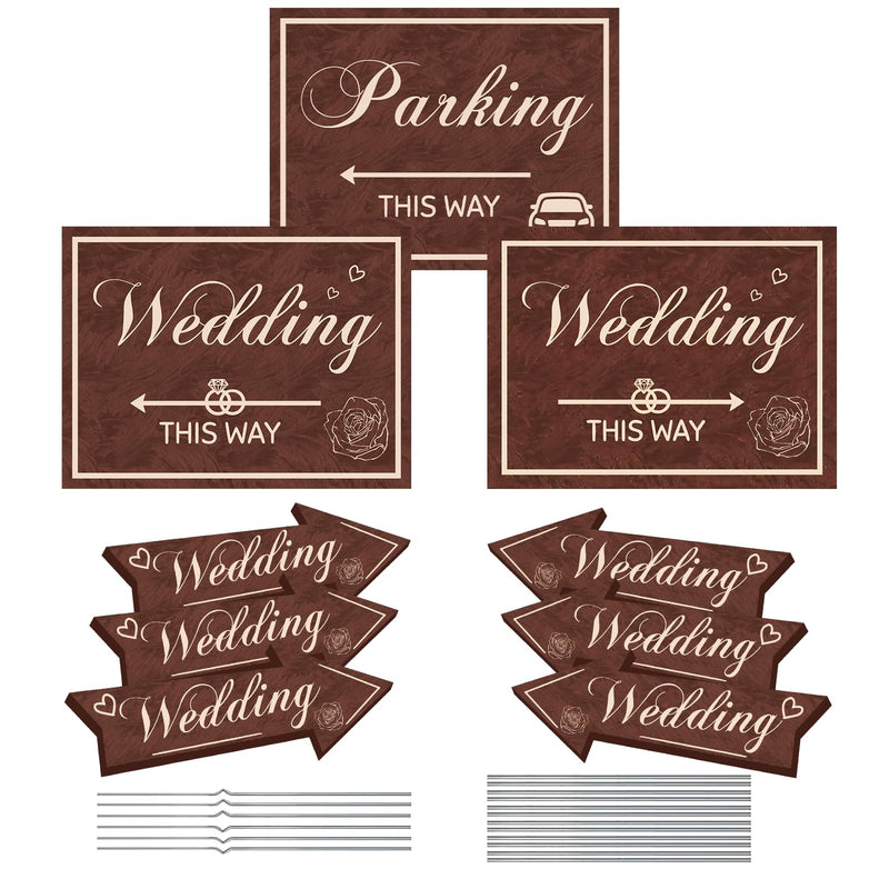 Wedding Direction Signs, 9-Piece Double-Sided Wedding This Way & Parking Sign Set with Stakes & Rods, Corrugated Plastic Yard Signs, Reversible Arrows for Outdoor Ceremony & Reception Wedding This Way Signs
