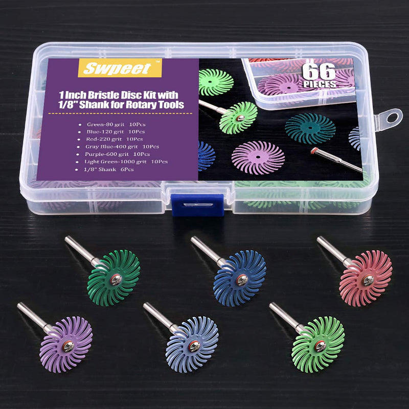 Swpeet 66pcs 1 inch 6 Mixed Grit 80/120/220/400/600/1000 Radial Bristle Sanding Brush Gap Polishing Pad Polishing Discs Assortment Kit