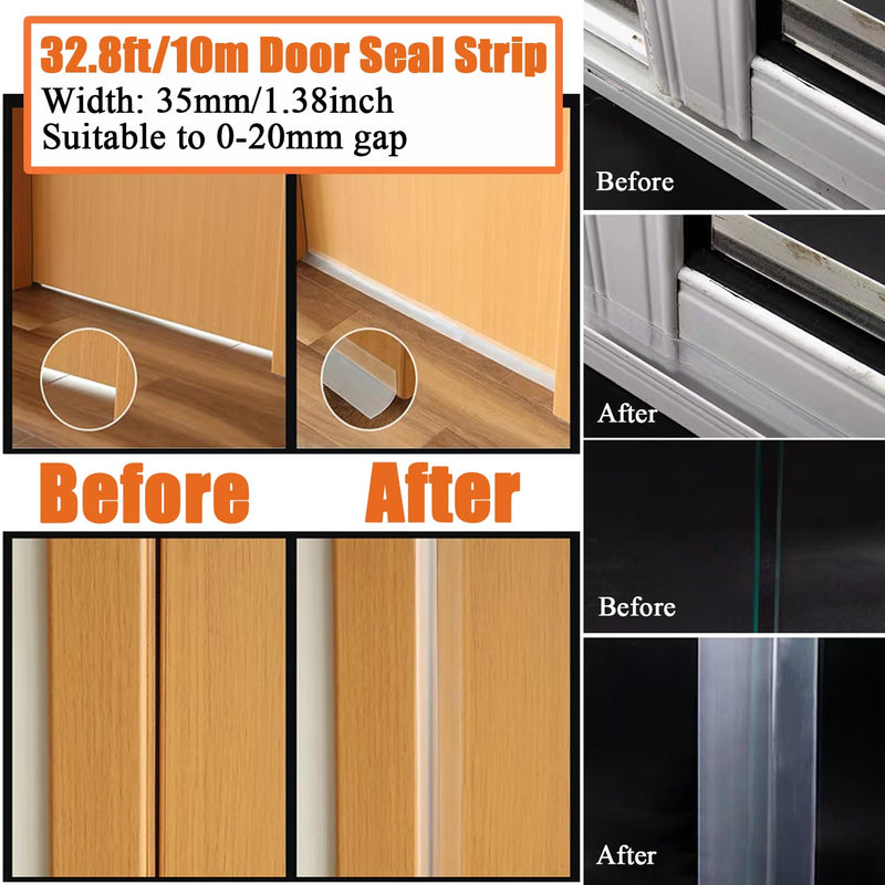 Upgraded 32.8FT Silicone Weather Stripping Door Seal, No Residue Glass Shower Door Seal Strip Under Door Draft Stopper Silicone Sealing Tape for Doors Windows Shower Glass Gap,Transparent,35MM 35 mm x 10 m