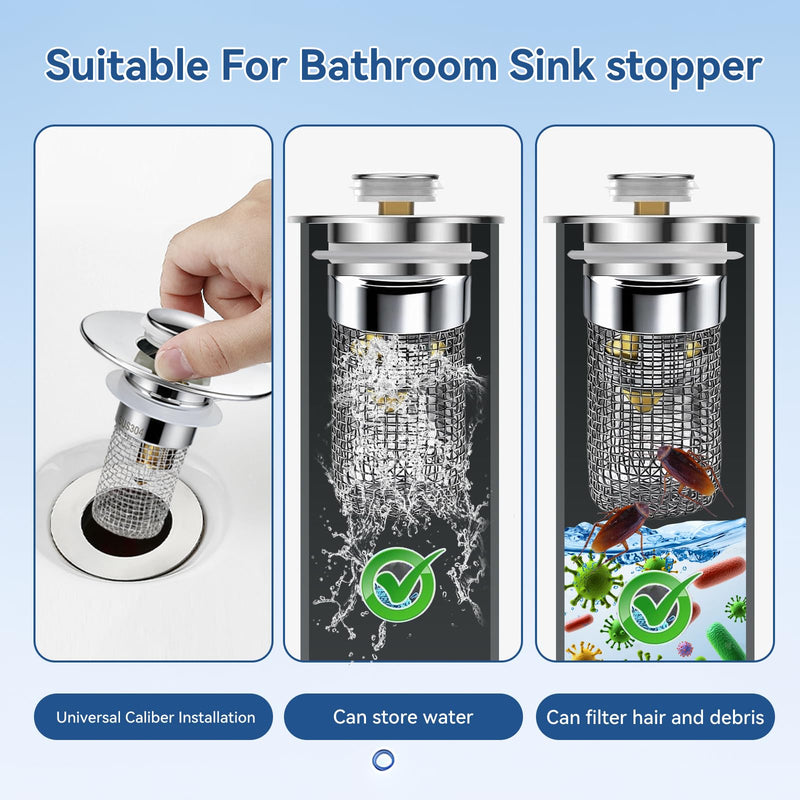 Universal Bathroom Sink Stopper & Hair Catcher, Stainless Steel Drain Filter Strainer, Anti-Clog Pop Up Drain Stopper for US Standard Bathroom Sinks(2PCS) 2pcs